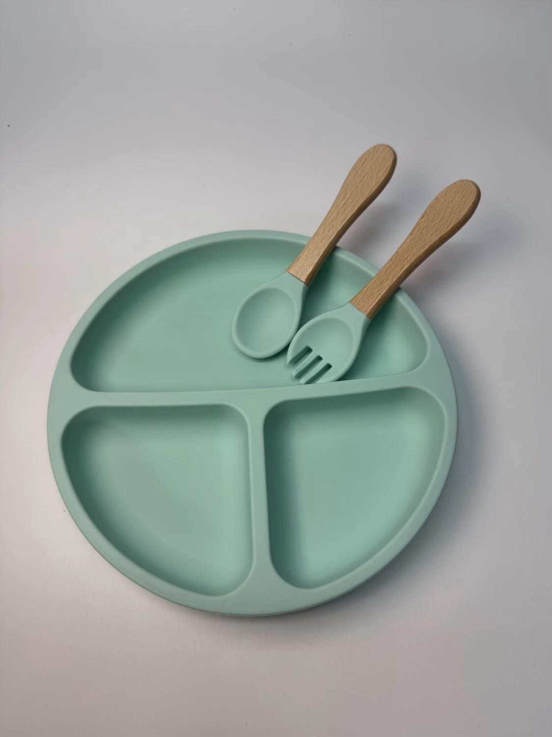 Premium Silicone Baby Divided Plate Set with Natural Bamboo Handle | BPA Free & Non-Slip Feeding Plate